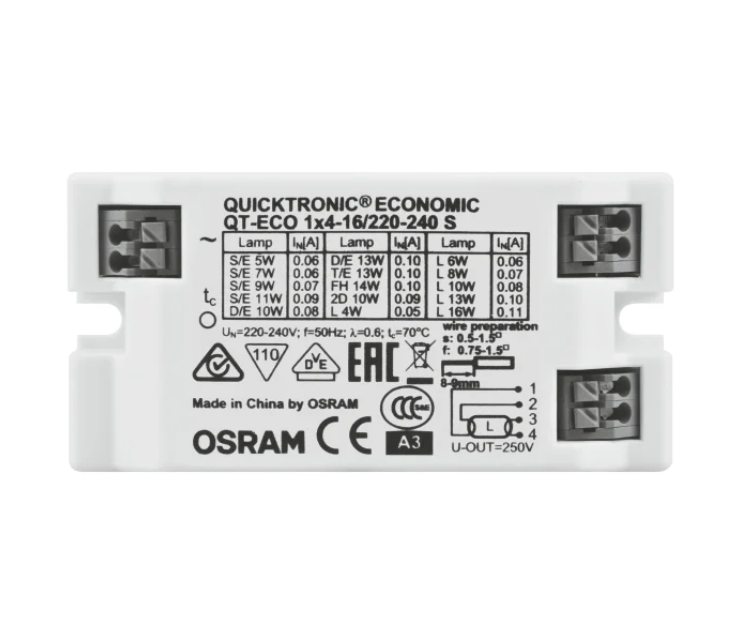 OSRAM QT-ECO 1x4-16 Electronic Ballast S, Stable Current Supply for CFL and LED Tubes, 220-240V Input, Suitable for Commercial and Residential Lighting Systems